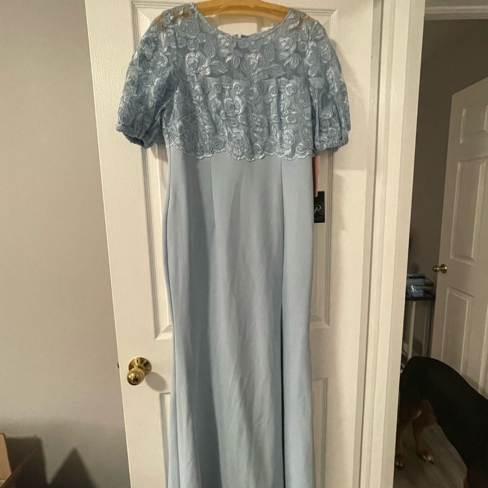 Adrianna Papell NWT BHLDN Anthro Justina Blue Lace Knit Crepe Gown Size 12